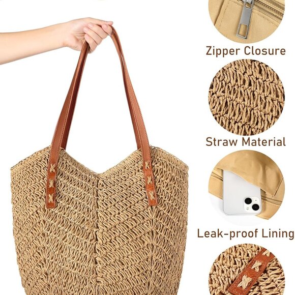Beach Bags for Women - Straw Bag with Zipper, Soft Woven beach bag, Casual Straw - Picture 2 of 7